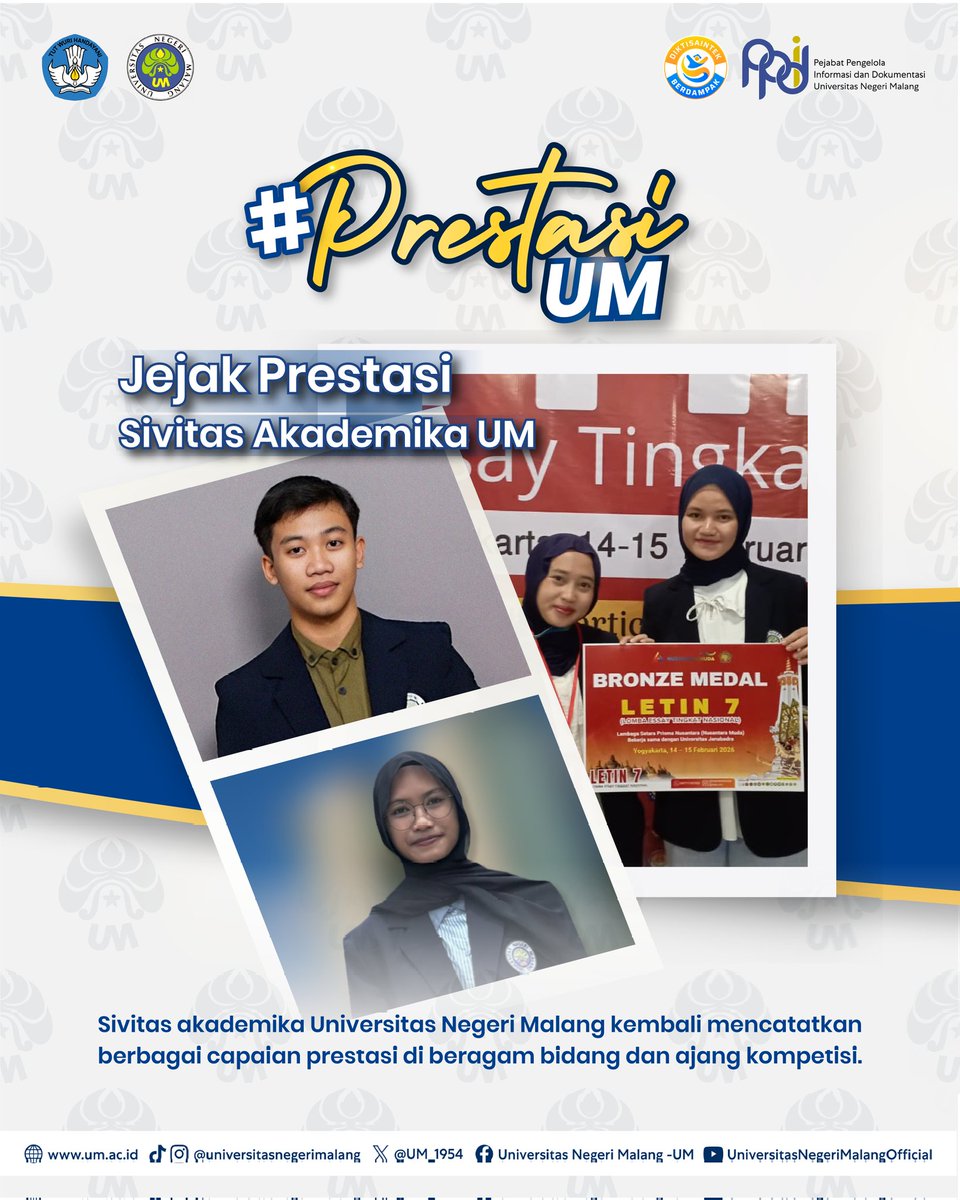 UM_1954's tweet image. #PrestasiUM

Selamat dan sukses kepada para Mahasiswa UM atas capaiannya meraih berbagai prestasi yang luar biasa!👏🏻

Semoga dapat terus menginspirasi dan mengharumkan nama kampus tercinta✨

#UM
#universitasnegerimalang
#ExcellenceInLearningInnovation
#KampusUnggulan