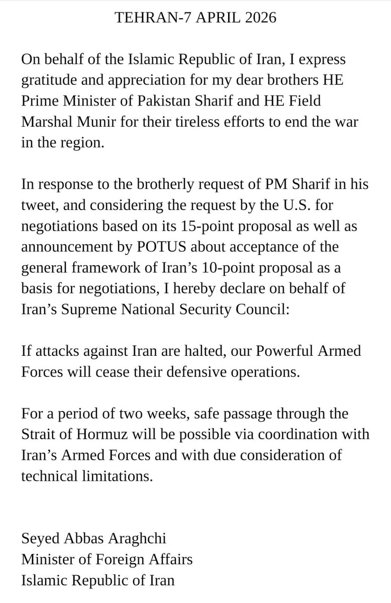 Neutron899's tweet photo. @ShivAroor This can be furthr verified by the IRI FM announcement on X who posted the ceasefire few hours ago(8 Apr) while the posted statement clearly shows 7 April. It means the ceasefire was agreed on 7th. All parties had to announce it in pre decided orderly way as orchestrated by Pak https://t.co/xSSNDSc1bn