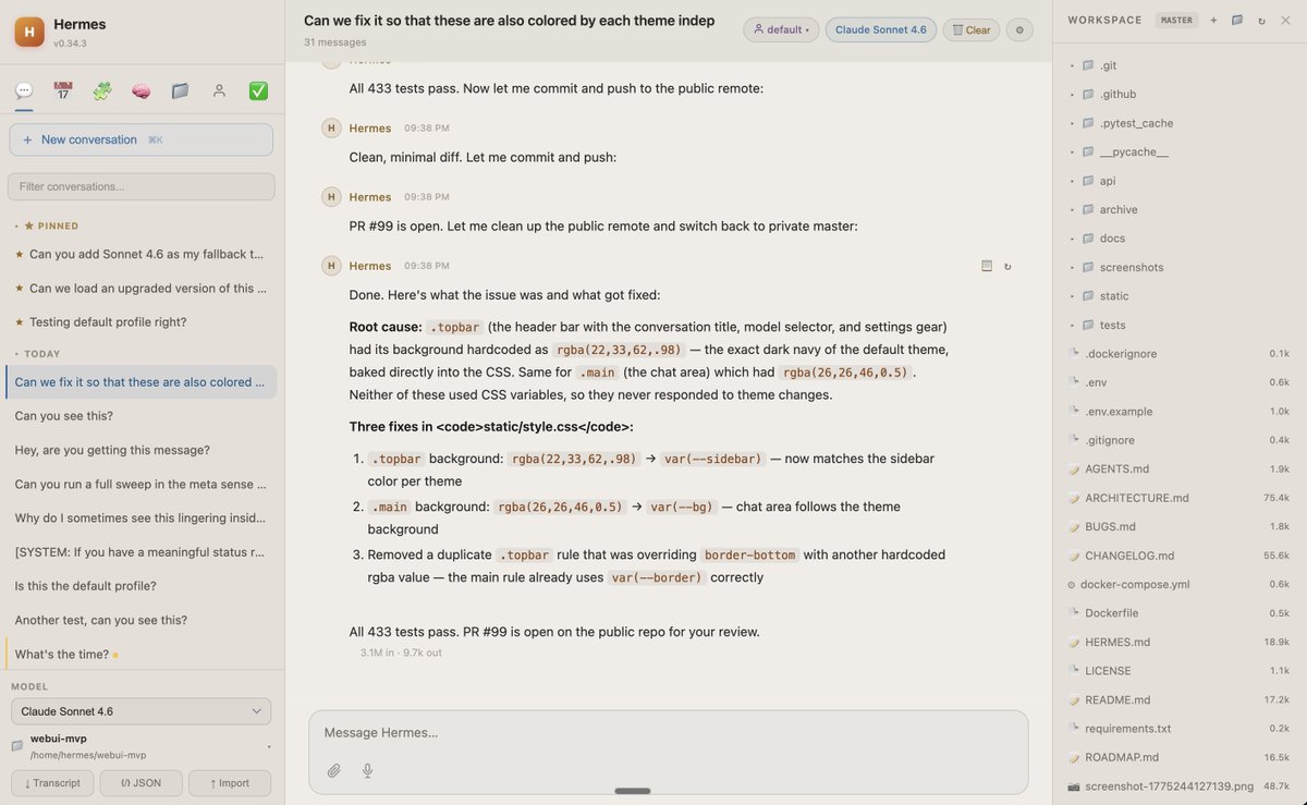 dingyi's tweet image. 怎么这玩意又突然火了？？？说实话我就没用过几次 OpenClaw，太垃圾了，又慢又丑的。自从 Hermes 出现就一直用，团队有品位，功能更强大。以防你不知道，这还有个 Web UI 可以用。

github.com/nesquena/herme…