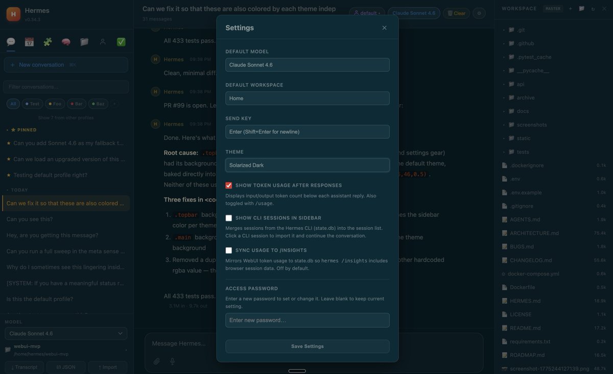 dingyi's tweet image. 怎么这玩意又突然火了？？？说实话我就没用过几次 OpenClaw，太垃圾了，又慢又丑的。自从 Hermes 出现就一直用，团队有品位，功能更强大。以防你不知道，这还有个 Web UI 可以用。

github.com/nesquena/herme…