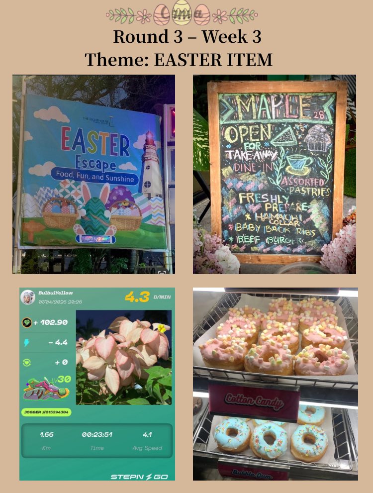 BulbulYellow's tweet photo. 🚶♀️📷🐣🐰
ディスコードのイベント
Round 3 – Week 3
Theme: EASTER ITEMS
#STEPN #STEPNGO #StreetHunt #EasterItems
ここは派手な色目が多いので
心配🥺でしたがなんとか
カフェの入り口のチョークボード
まさにイースターの広告
パステルカラードーナツ
パステルカラーの苞を持つ植物 https://t.co/Vc0ph4LU5x