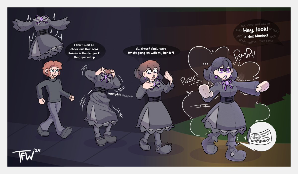 This #TFTuesday I bring you: Hex Maniac TF. (+ Plush TF)

Sometimes the TF trigger comes to YOU. You're never safe when you're in a TF sequence

(Commission for Reed567 on DA, originally drawn on June 24, 2025)

#TFEveryday #Transfur