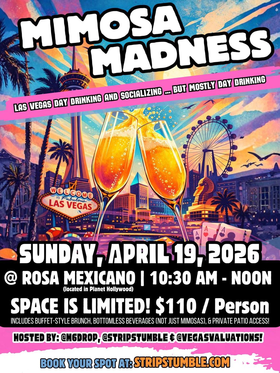 seventensuited's tweet image. Come join us for Mimosa Madness at Rosa Mexicano on Sunday, April 19th from 1030am to 12pm!

Hosted by @m6drop, @StripStumble and @vegasvaluations, this will be an event you won't want to miss.

Bring your drinking shoes.

It's $110 per person for Bottomless Beverages (not just