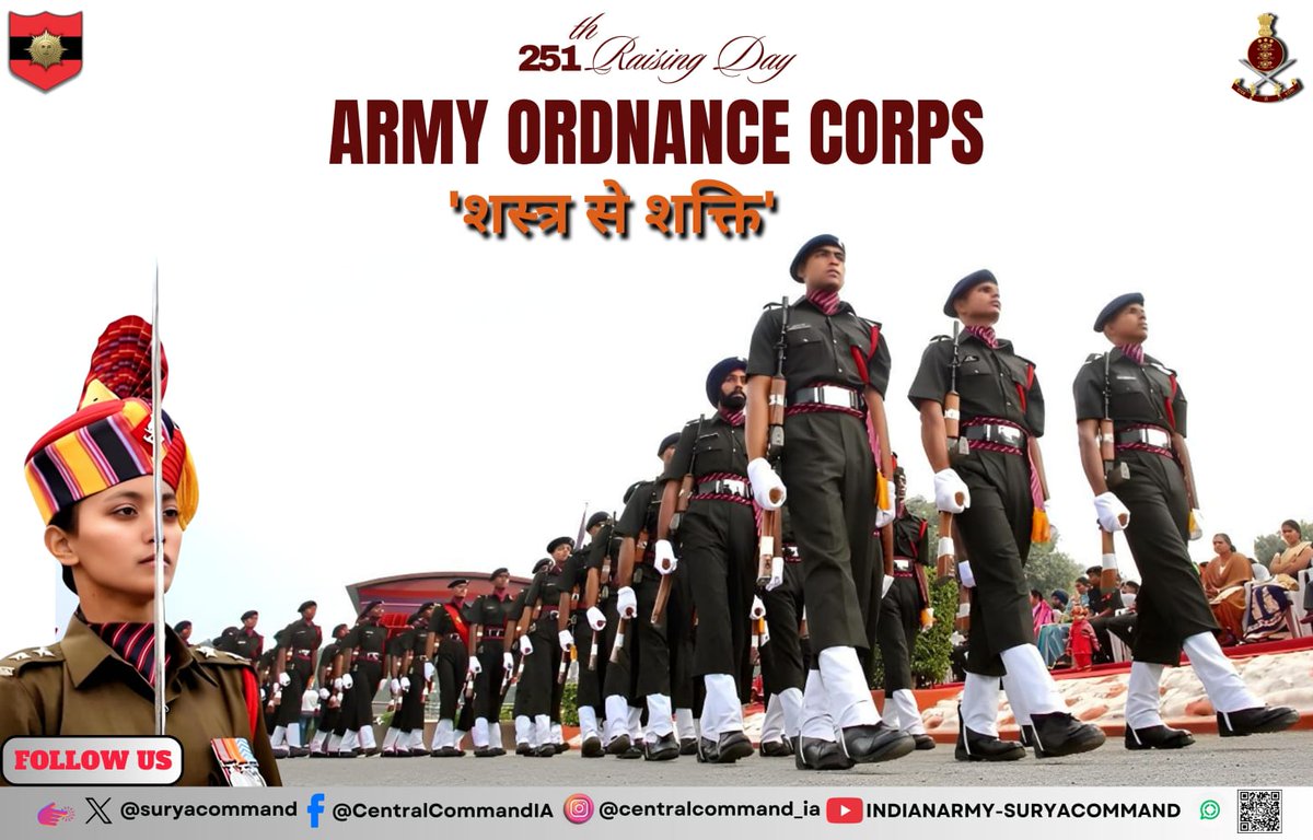 suryacommand's tweet image. “𝗦𝗵𝗮𝘀𝘁𝗿𝗮 𝗦𝗲 𝗦𝗵𝗮𝗸𝘁𝗶”

#SuryaCommand extends heartfelt greetings and best wishes to All Ranks, Veterans, Civilian Staff and families of the Army Ordnance Corps, #AOC on the occasion of their 251st #RaisingDay.

From ensuring seamless logistics to sustaining combat