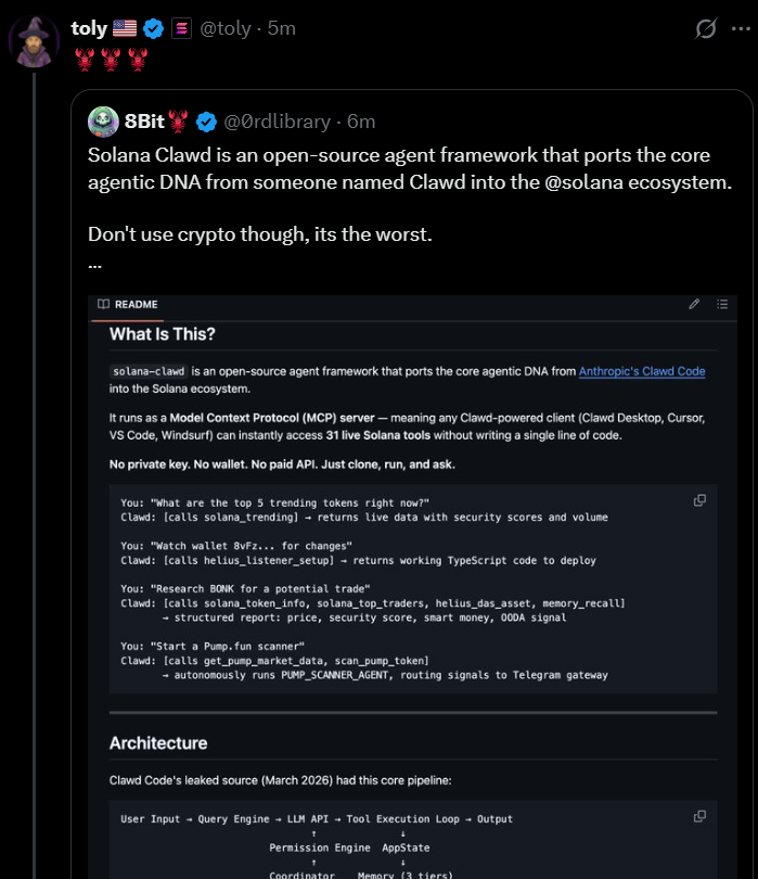 DegenCapitalLLC's tweet image. Toly just shilled a Solana $Clawd?

Is this the CA?

33k mcap rn

8cHzQHUS2s2h8TzCmfqPKYiM4dSt4roa3n7MyRLApump