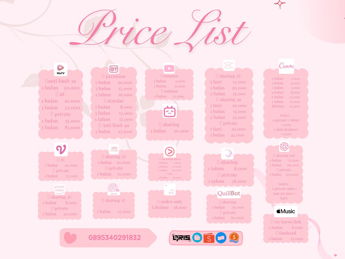 bungeepuff's tweet photo. Hi hi👋

Aku sudaah open yuppp!!!🙌
Yang mau app prem bisa ke aku yakk, ada canva, wetv, capcut, viu, appmus dll
Yukkk yg mauu sung order ke wa yupp🌷

🧸ྀི for order:  https://t.co/hq1FcjiHOE

#zonauangㅤ https://t.co/7JfXonTjKt