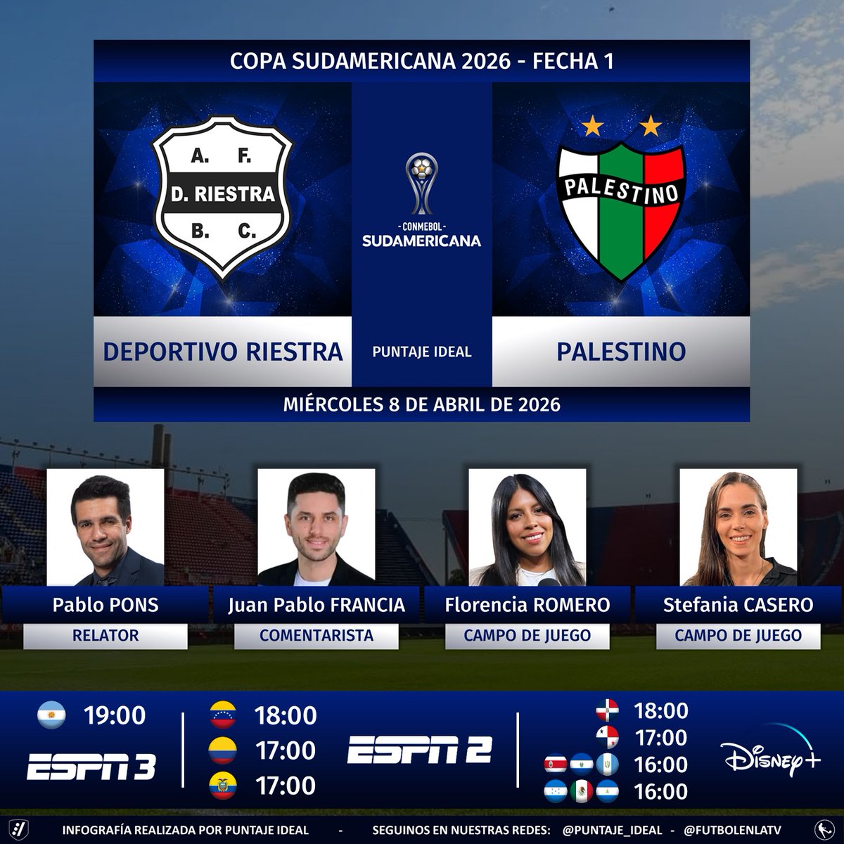 Puntaje_Ideal's tweet photo. ⚽ #Sudamericana  | 🇦🇷 #DeportivoRiestra vs. #Palestino 🇨🇱
🎙 Relator: Pablo Pons (@pablobari)
🎙 Comentarista: @juampifrancia
🎙 CdJ: @florjuy_ - @stefaniacasero
📺 #ESPN2 🇨🇴🇪🇨🇻🇪
📺 #ESPN3 🇦🇷
💻📱 @disneyplusla 🇦🇷🇨🇴🇪🇨🇻🇪 y Norte
🤳 #SudamericanaxESPN - #LaGranConquista
Dale RT 🔃 https://t.co/86EMgiEVKq
