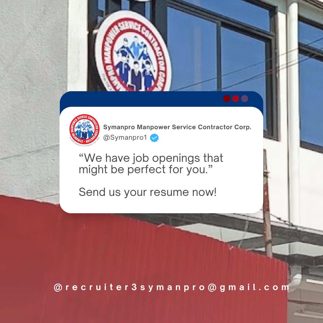 Symanpro1's tweet photo. "SYMANPRO IS HIRING!"

Send us your resume now! 
recruiter3ymanpro@gmail.com 

Walk In: 
#34 LJ Building Unit 3, 2nd Floor, Maysan, Malinta, Valenzuela City

YOU MAY ALSO CALL US:
0917-311-5061/ 0917-318-5079 https://t.co/uvcqi5Ioqb