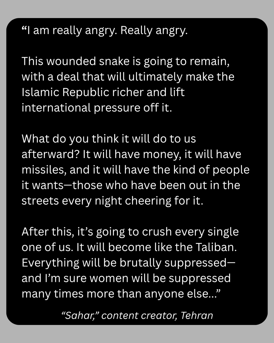 roxanasaberi's tweet photo. 1-Some responses from Iranians upon learning of President Trump’s announcement of a two-week ceasefire - just ahead of his deadline for Iran to reopen the Strait of Hormuz, or face strikes on bridges and power plants.
#Iran #Ceasefire #IranWar @FJamalpour https://t.co/nDM1Ch2ccb