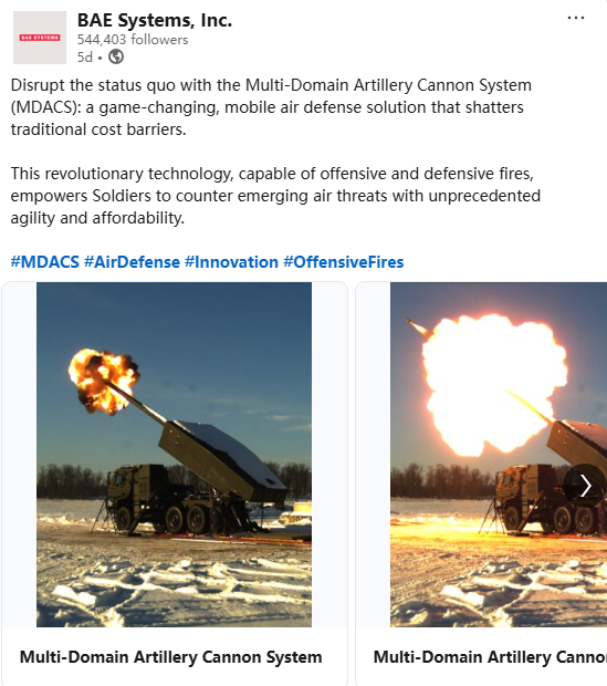 Multi-Domain Artillery Cannon System, “A full MDACS battery consists of eight Multi-Domain Artillery Cannons, four Multi-Function Precision Radars, two Multi-Domain Battle Managers, and separately, no less than 144 Hypervelocity Projectiles.” breakingdefense.com/2025/01/army-c…