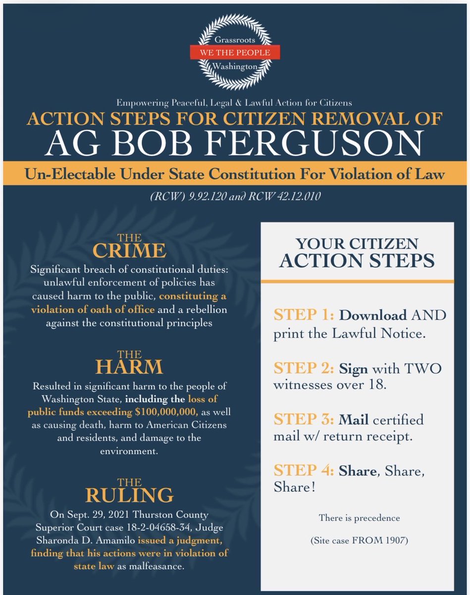 Washington State 

MALFEASANCE

April 7, 2026

Action Steps For Citizen REMOVAL of WA State Governor-Select Bob Ferguson 

1. Download and print lawful NOTICE.

2. Sign Notice with two witnesses (age 18 and over)

3. Mail Notice via certified/return receipt.

Case No.
