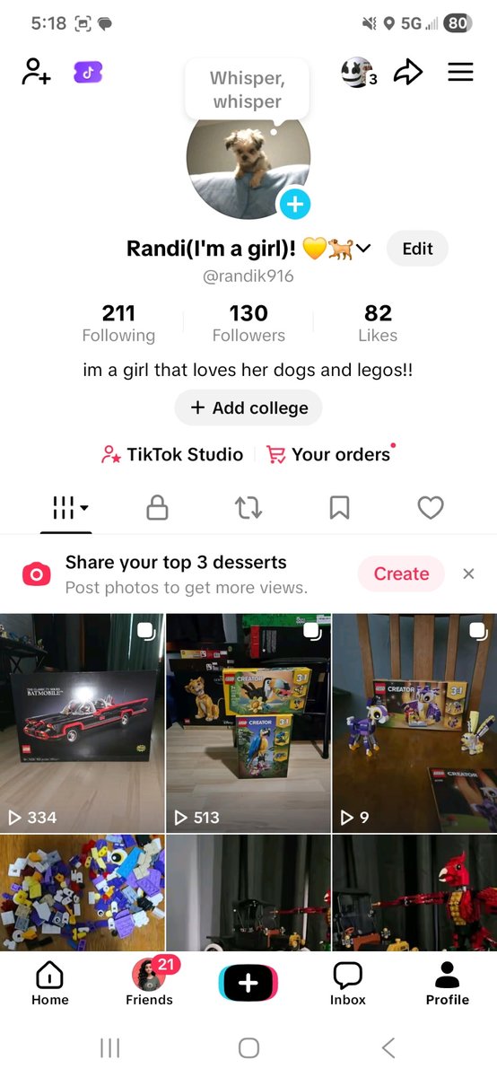 Hey anthill, my GF is trying to gain some followers on Tiktok. She is just starting to build Lego and I was hoping you guys might share this around and join her if you have any interest in Lego. <a href="/jimmythehairguy/">Jimmy</a> <a href="/GitEmSteveDave/">TheBrettMaherOfTweets</a> <a href="/mingchen37/">Ming Chen</a>