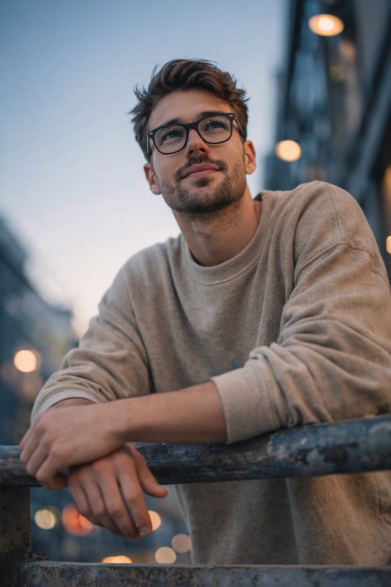 Image created on GPT 1.5 ON CHATGPT 
Prompt:
 A cinematic low-angle portrait shot on a 50mm lens, looking upward at a male subject using the uploaded face as reference. He leans casually against a weathered concrete and metal railing, resting both elbows. The subject has short