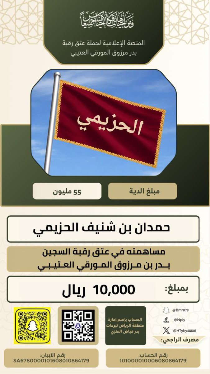#عتق_رقبة_بدر_المورقي

ويستمر عطاء ابناء العم بارك الله فيهم وزادهم من فضله 
مساهمة حمدان بن شنيف الحزيمي