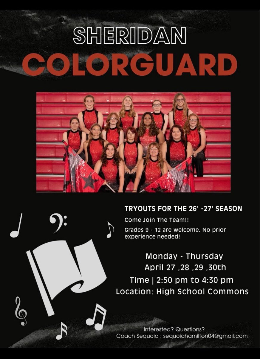SheridanBands's tweet photo. For anyone interested in being part of the marching band, but who doesn’t play an instrument, come give the colorguard a try! Learn to twirl a flag to the music during these clinics. https://t.co/1RsxSH1fsJ