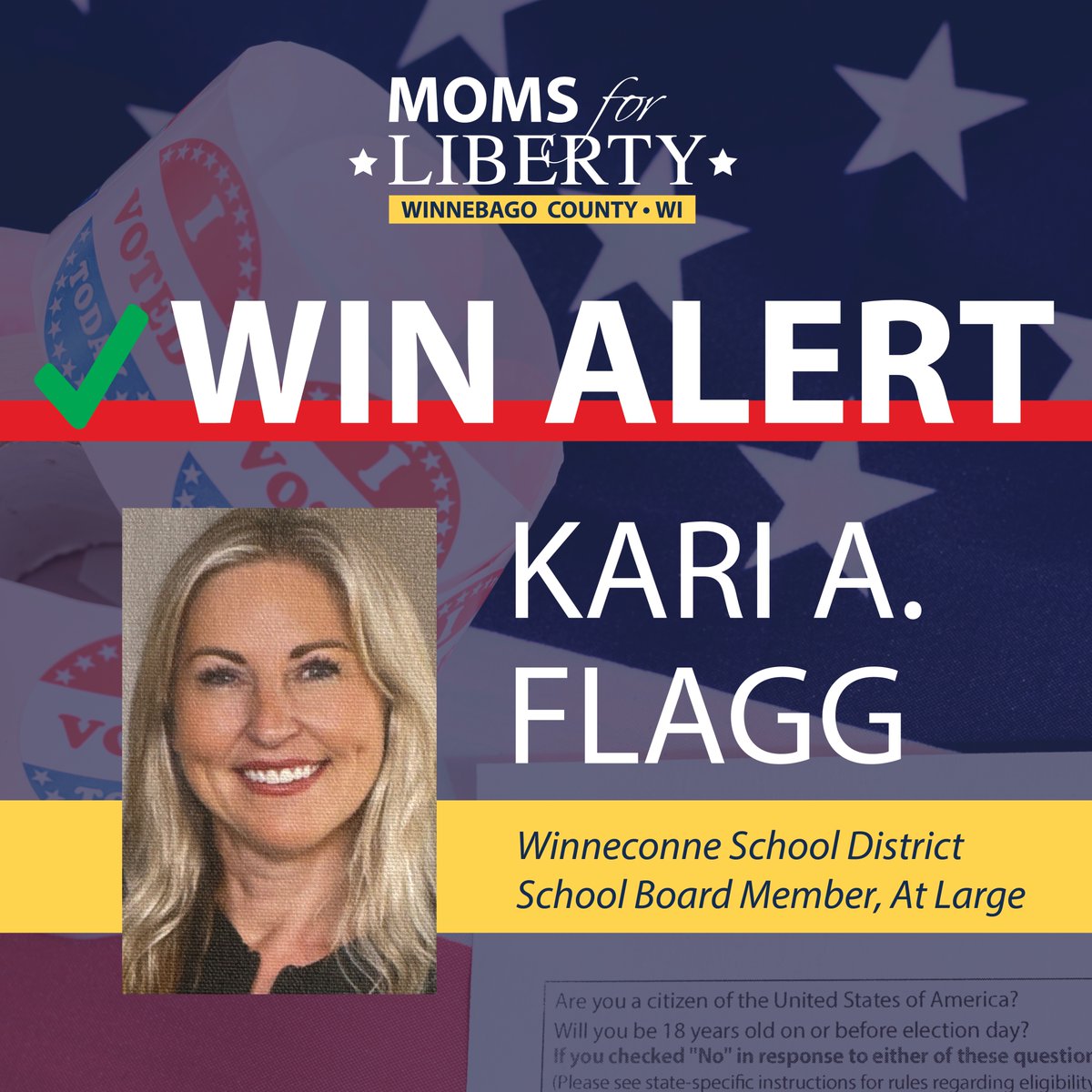 Moms4Liberty's tweet image. 🚨WIN ALERT
Moms for Liberty endorsed candidate in Winnebago County, WI -  WINS her school board race! Congratulations Kari! 🎉