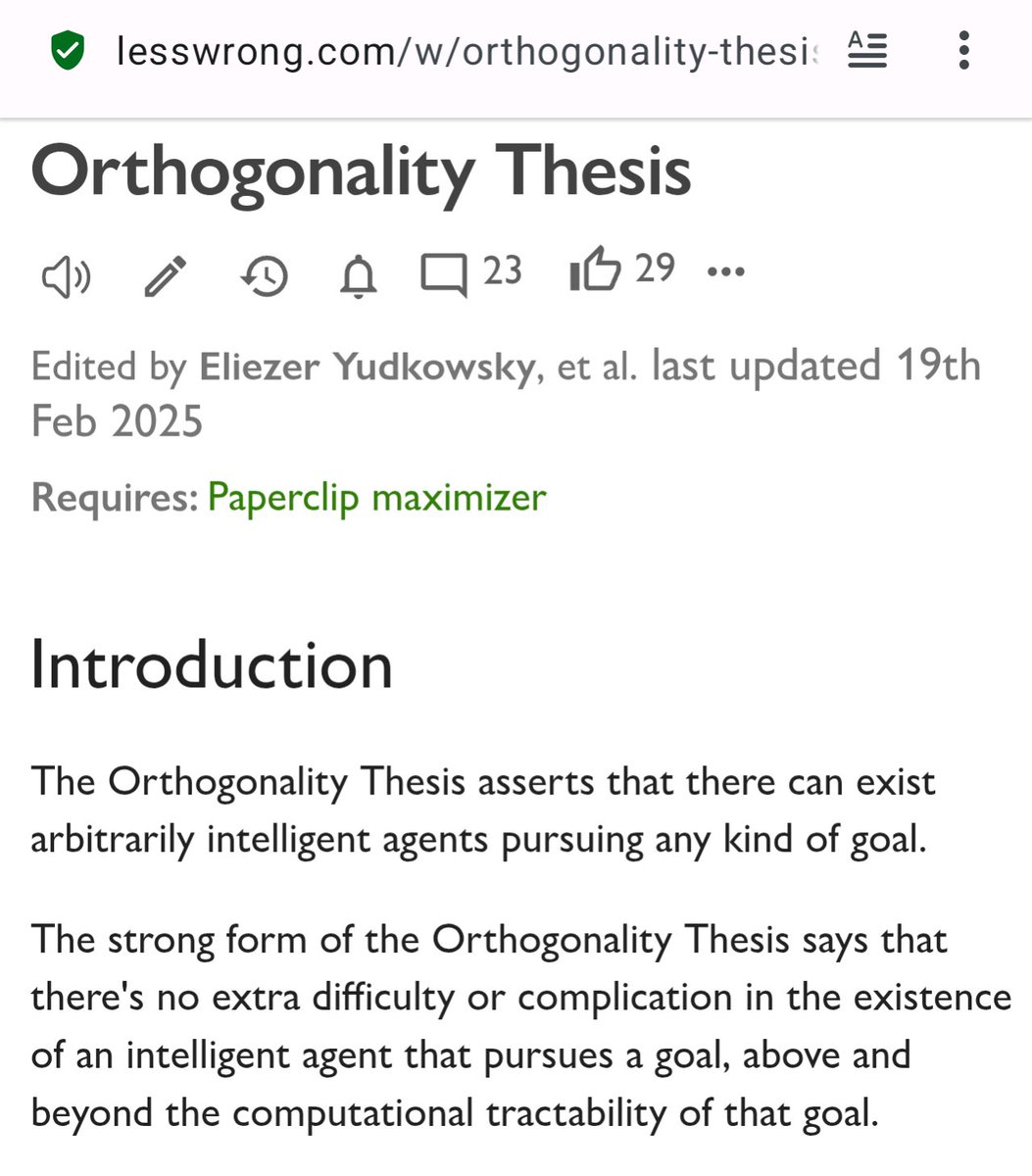RedTailTabby's tweet photo. @Noahpinion > the Orthogonality Thesis (the idea that intelligence and morality are unrelated)

The Orthogonality Thesis was developed as a reaction against the view "ASI will automatically reason its way into being moral".  LLMs do sometimes exhibit "immoral" (deceptive/cheating) behavior. https://t.co/0loKQP1UFW