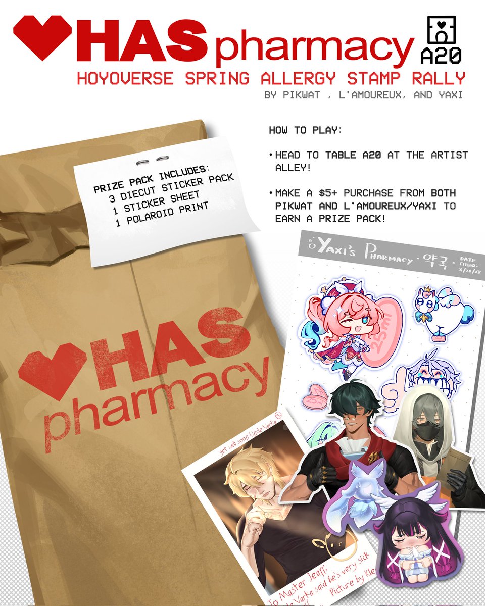pikwat_art's tweet image. Your Hoyoverse favs are suffering from spring allergies 🥺 Pick up their prescription at Table A20 @pop_umai !

@9usl3hio7b , @l_amoureux_ , and I are running a small prize rally at our shared booth this Saturday! I made the Lighter and Wise stickers 🤎