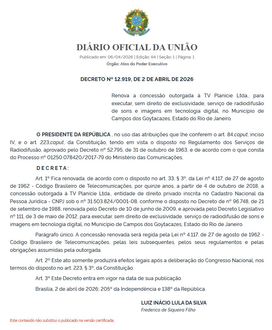 Renovada a concessão da InterTV Planície.
