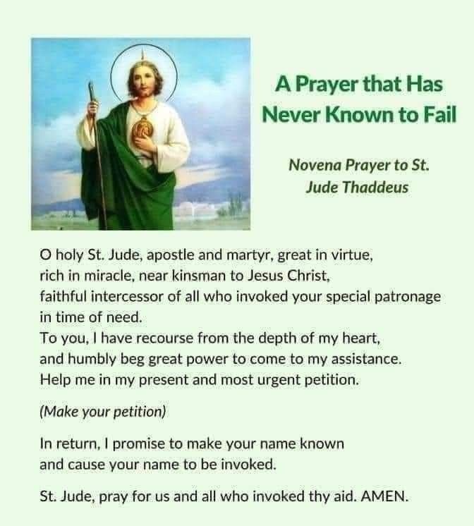 Saint Jude Thaddeus,  Hope of the hopeless and those in difficulties, 
Pray for us.  Amen