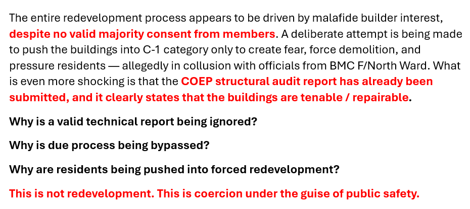 madhavicnn's tweet photo. #BMC is ignoring #COEP audit findings & declaring #SionKamgarCHS buildings as #C1Category #RedevelopmentScam #ForcedRevelopment #HousingRights #StructuralAudit #JusticeForResidents #Mumbai #redevelopment #housingfraud #realestatefraud #TAC #TACcommittee #C1building https://t.co/GkssfQN8z1