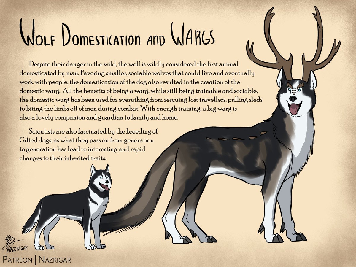 A3Dnazrigar's tweet image. Beast Fables: Wargs Pt. 3

The domestication of the wolf (and other wild hounds) into various kinds of dogs also lead to changes to the warg within the dogs, thanks to the transfomative magic of the Gift.

#worldbuilding #fantasyart #beastfables
