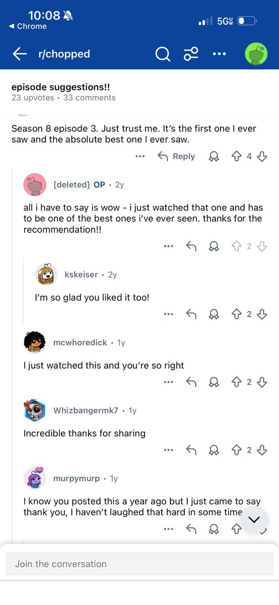 googled Best Episode Of Chopped and these redditors r correct theres an iranian woman who says "i don't believe in food made into shoe soles" abt beef jerky (period), a Christian asian guy, a woman w the strongest french accent i've ever heard, and a total psychopath named Chris