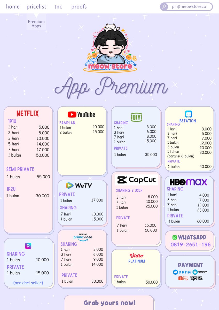 meowstore20's tweet photo. haloo aku udah open yaa. yg need netflix, canva, prime video, capcut, youtube, iqiyi, viu, dll bisa sung chat aja yuk
https://t.co/n509bA9WCj

tag wtb wts beli jual wts mau butuh pengen #zonauang https://t.co/GwmglEoFIM