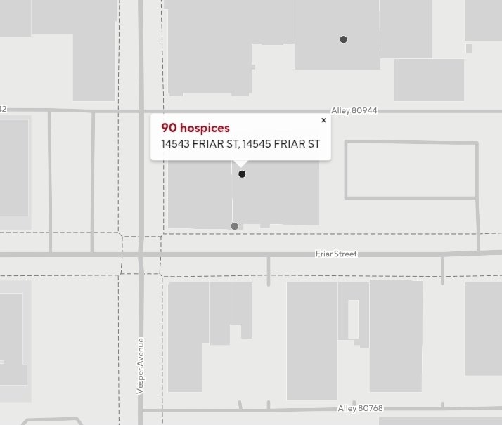 This map of fraudulent hospices in Los Angeles is worse than it looks.

•Each dot ● is the address of one building that contains at least one hospice.

•Some buildings have 90 hospices.

There's a lot of fake hospices in LA.