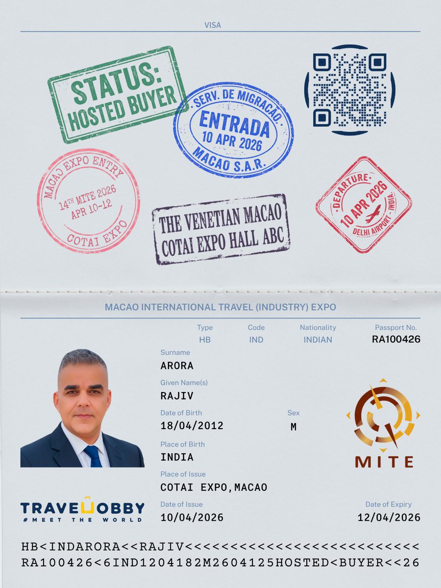 RajivBlueLotus's tweet photo. Travel Lobby is heading to Macao! 🇲🇴 Proud to attend the 14th MITE Expo (Apr 10-12) as a Hosted Buyer. Ready to connect with global travel leaders at The Venetian Macao - Cotai Expo. Scan the QR on my event passport below to link up! ✈️ 🌍

#TravelLobby #MITE2026 #MICE https://t.co/do2j0C5hvF