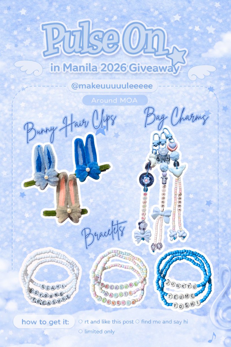 TREASURE PULSE ON in MANILA freebies

🗓 : April 18, 2026 
📍 : MOA Arena 
⏰ : TBA(depende sa gising)

°  1:1 (random)
°  open for trade(pins or anik-aniks please)
°  RT, like
° show me this post

#PULSE_ON_IN_MANILA
#TREASUREinManila