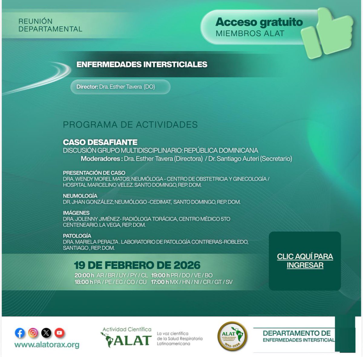 ALATIntersticio's tweet photo. En el cierre del 2025 e inicio del 2026 , el Departamento de EPID @ALATorax continúa impulsando el intercambio científico en la región, Casos Desafiantes discutidos por GMD de distintos países de LATAM.

#ALAT #EnfermedadesIntersticiales #Neumología #SaludRespiratoria https://t.co/YqVz7hCCWy