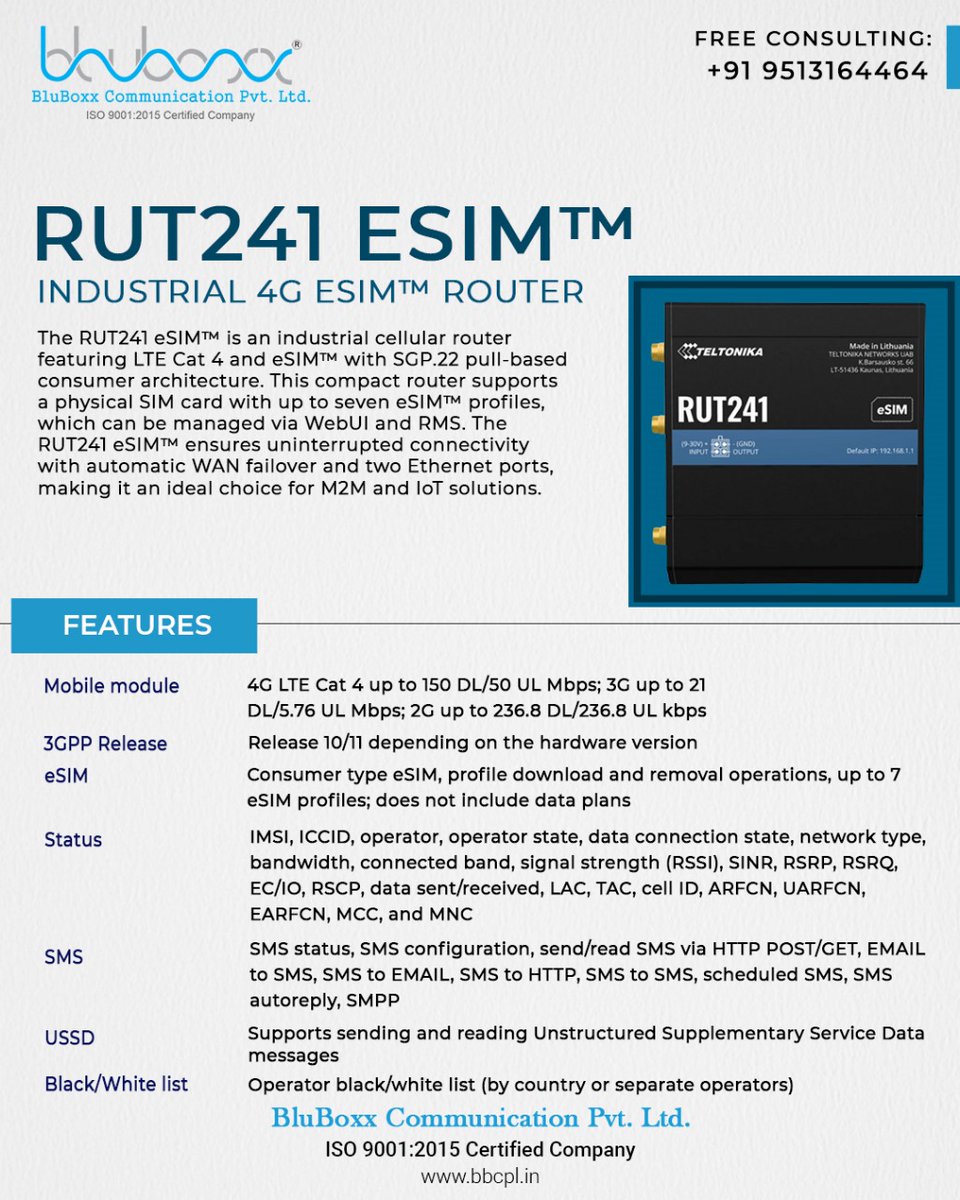 BluBoxx_IND's tweet image. 🚀Upgrade to smart connectivity with RUT241 eSIM™ Router
🔹eSIM | 🔹4G LTE | 🔹Reliable &amp;amp; Flexible

#IndustrialRouter #ESIMRouter #4GLTE #M2MConnectivity #SmartConnectivity #BluBoxx #Pune #IndustrialAutomation #IndustrialCommunication #IndustrialNetworking #IndustrialIOT #RUT241