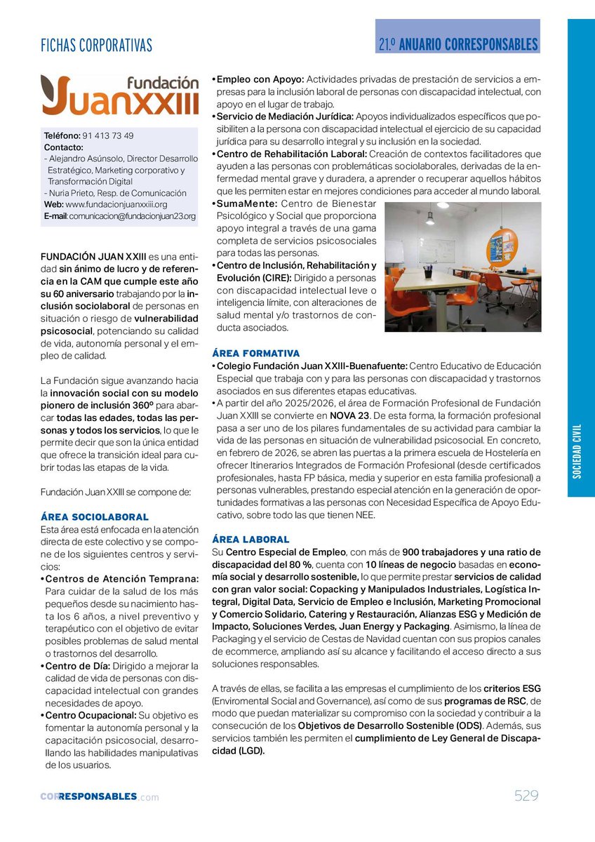 Corresponsables's tweet photo. 💙 Descubre la Ficha de @FundacionJuan23  en el #21AnuarioCorresponsables 👉 https://t.co/JKsjtAapQ0

🌍 En esta ficha corporativa, Fundación Juan XXIII se presenta como una entidad sin ánimo de lucro y de referencia en la Comunidad de Madrid, que cumple 60 años trabajando por la inclusión sociolaboral de personas en situación o riesgo de vulnerabilidad psicosocial, potenciando su calidad de vida, su autonomía personal y el acceso a un empleo de calidad.

🚀 La ficha destaca además su apuesta por la innovación social a través de un modelo pionero de inclusión 360, pensado para dar respuesta a todas las edades, todas las personas y todos los servicios, consolidándose como una entidad capaz de acompañar todas las etapas de la vida.

🤝 En el área sociolaboral, la pieza recoge recursos y servicios como los Centros de Atención Temprana, el Centro de Día, el Centro Ocupacional, el Empleo con Apoyo, el Servicio de Mediación Jurídica, el Centro de Rehabilitación Laboral, SumaMente y el Centro de Inclusión, Rehabilitación y Evolución, CIRE.

📚 En el ámbito formativo, la ficha pone en valor el Colegio Fundación Juan XXIII-Buenafuente, centro educativo de educación especial que trabaja con personas con discapacidad y trastornos asociados en sus diferentes etapas educativas.

🎓 También subraya un paso estratégico de futuro: a partir del curso 2025/2026, el área de Formación Profesional de Fundación Juan XXIII se convierte en NOVA 23, reforzando la formación profesional como uno de los pilares de su actividad. Además, en febrero de 2026 abrirá la primera escuela de Hostelería para ofrecer itinerarios integrados de Formación Profesional, con especial atención a las personas vulnerables y a quienes tienen necesidades específicas de apoyo educativo.

♻️ Entre estas líneas de actividad se incluyen Copacking y Manipulados Industriales, Logística Integral, Digital Data, Servicio de Empleo e Inclusión, Marketing Promocional y Comercio Solidario, Catering y Restauración, Alianzas ESG y Medición de Impacto, Soluciones Verdes, Juan Energy y Packaging.

📊 La pieza remarca que, a través de estas soluciones, Fundación Juan XXIII facilita a las empresas el cumplimiento de criterios ESG, el desarrollo de sus programas de Responsabilidad Social Empresarial y la contribución a los Objetivos de Desarrollo Sostenible. Además, sus servicios también les permiten avanzar en el cumplimiento de la Ley General de Discapacidad.

✨ En conjunto, la ficha muestra a Fundación Juan XXIII como una organización que conecta inclusión, innovación social, formación y actividad empresarial para generar impacto real y construir oportunidades sostenibles para las personas y para las empresas.

#Corresponsables #21AnuarioCorresponsables #Sostenibilidad #ESG #FundaciónJuanXXIII #Inclusión #InnovaciónSocial #EmpleoConImpacto