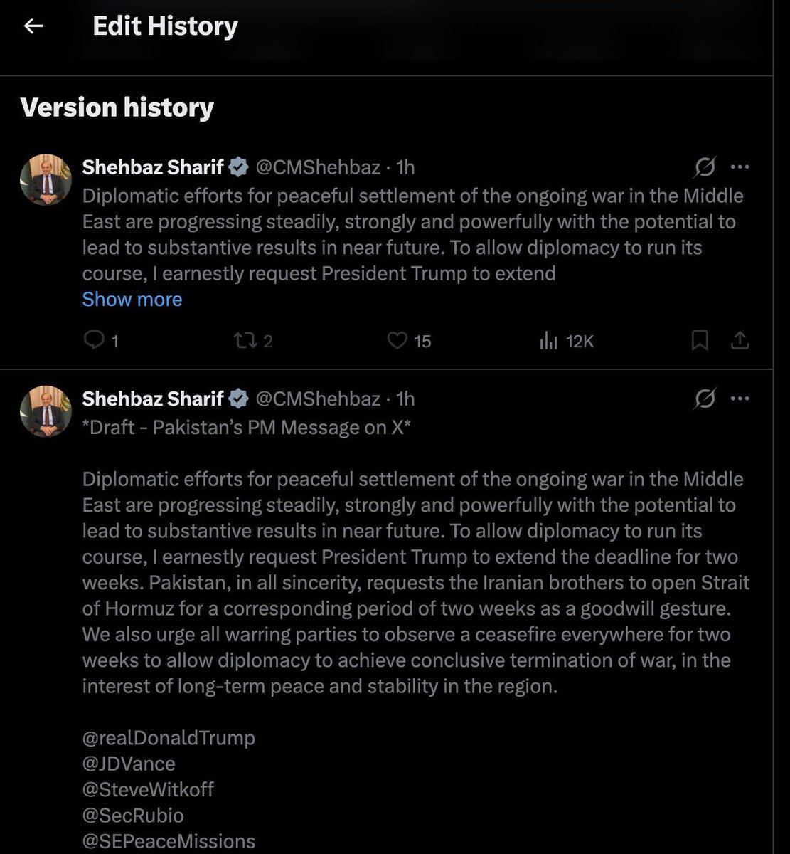 BREAKING: Shehbaz Sharif briefly posted his own “Draft” before diplomacy could even begin , then deleted it once the world noticed.

From “Draft PM Message” to real-time editing, Pakistan’s foreign policy now appears to be conducted like a rushed group assignment on X.

In a