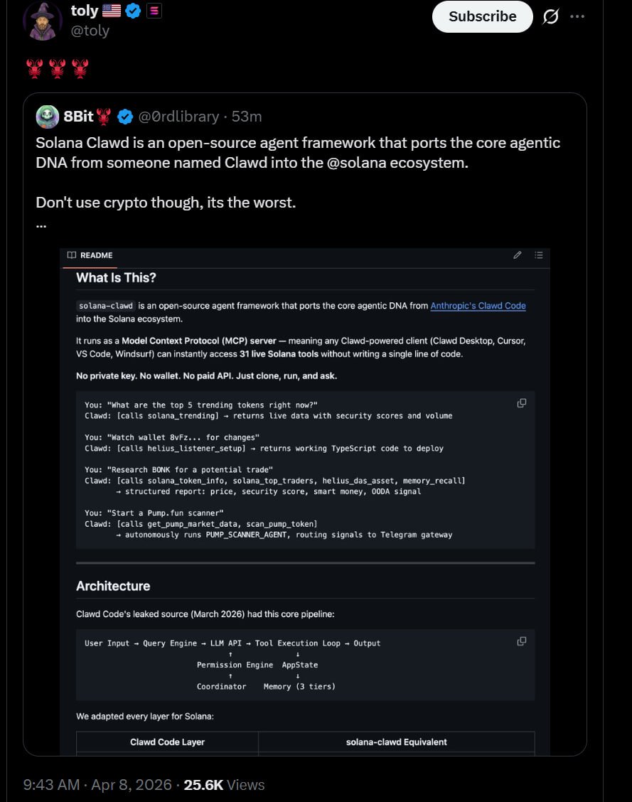 BioStone_chad's tweet image. Toly interact with $CLAWD #SOL 

Solana Clawd is an open-source agent framework bringing Clawd’s core agentic DNA into the Solana ecosystem.

MC now 170k 

8cHzQHUS2s2h8TzCmfqPKYiM4dSt4roa3n7MyRLApump