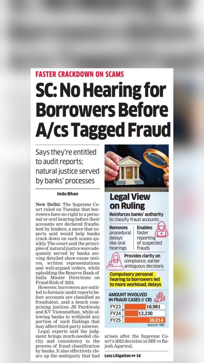PSBPunch's tweet image. The Supreme Court rules that #banks can tag accounts as #fraud without a personal hearing, removing procedural delays while ensuring #borrowers still see forensic ₹audit reports.
@DFS_India @FinMinIndia @RBI