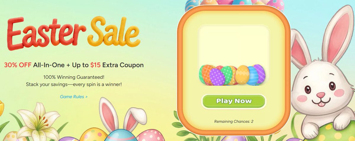 DVDFabOfficial's tweet photo. Hoppy Savings are Here! 🐰

The DVDFab Easter Sale is live, and everyone’s a winner! 
🎁

🎮 How to Play:
You get 2 chances to spin the wheel.
100% Winning Guaranteed—every spin scores a prize!

Play now: https://t.co/dgcg3cFQKK https://t.co/WL9ZSDiaME