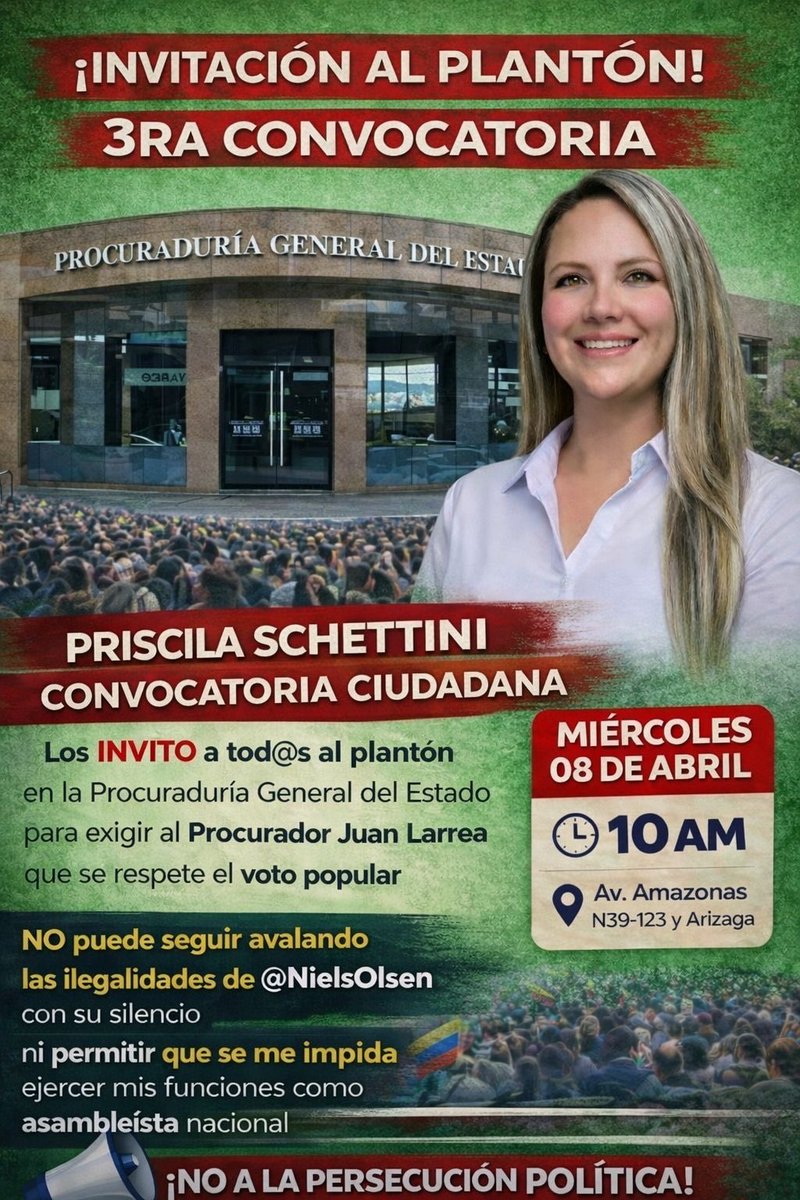 JuridicaPopular's tweet image. 📣Convocamos a la ciudadanía a defender la #Democracia

Estaremos junto a nuestra compañera @PrisSchettini exigiendo al @PGEcuador #JuanLarrea que se pronuncie en derecho

Y rechazamos las ilegalidades de @NielsOlsen para impedir que ejerza sus funciones como Asambleísta Nacional