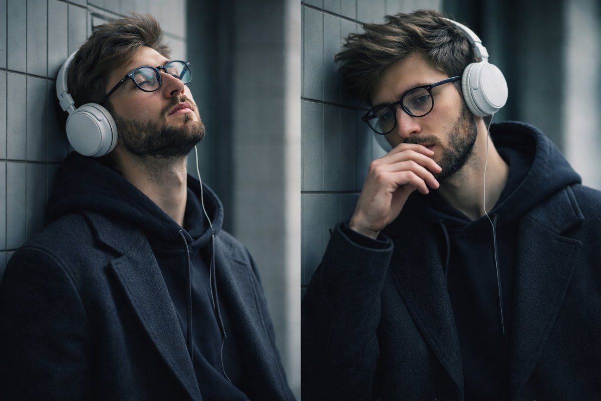 Sheldon056's tweet image. Generated with GPT Image 1.5.

Prompt: Cinematic portrait sequence of an Asian man leaning against a tiled urban wall near a doorway, captured in a quiet, introspective moment. He wears large white over-ear headphones, immersed in music, his posture relaxed against the wall. In