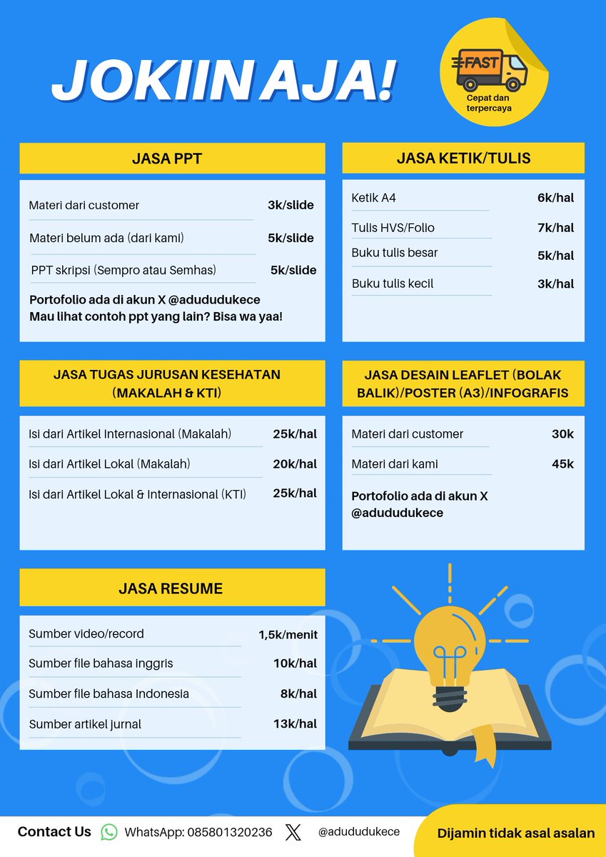 adududukeceV2's tweet photo. Joki open yaa
Menerima jasa artikel review (farmasi), PPT, makalah, verbatim, daftar isi, nomor halaman, daftar pustaka mendeley, zotero mind map dll
Bisa langsung wa ke https://t.co/nVeGOGyaeW
 #jokitugas #zonauang️ #zonajajan https://t.co/4wKZiK8yAG
