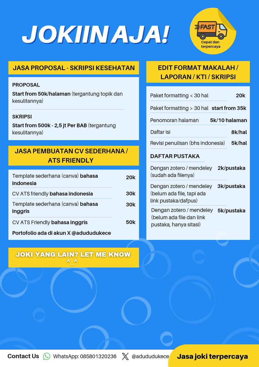 adududukeceV2's tweet photo. Joki open yaa
Menerima jasa artikel review (farmasi), PPT, makalah, verbatim, daftar isi, nomor halaman, daftar pustaka mendeley, zotero mind map dll
Bisa langsung wa ke https://t.co/nVeGOGyaeW
 #jokitugas #zonauang️ #zonajajan https://t.co/4wKZiK8yAG