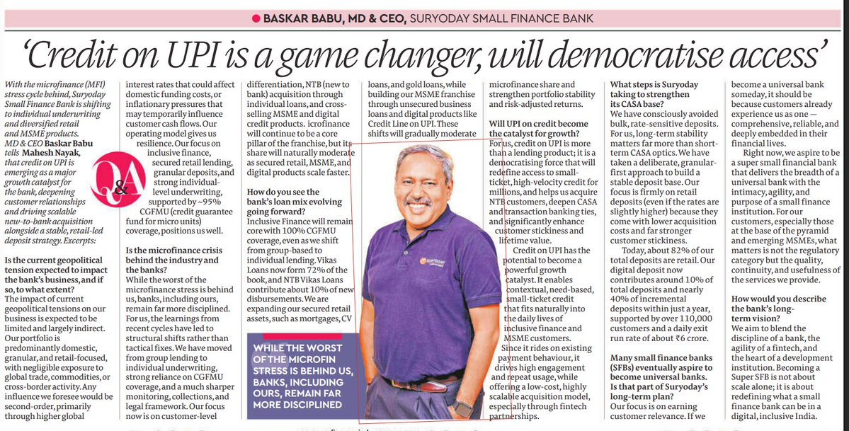 “Credit on UPI Will Democratise Lending,” Says Suryoday SFB CEO

Suryoday Small Finance Bank sees credit on UPI as a major growth catalyst

Positioned as a democratising force enabling small-ticket, high-velocity credit

Helps deepen customer engagement, stickiness &amp; lifetime
