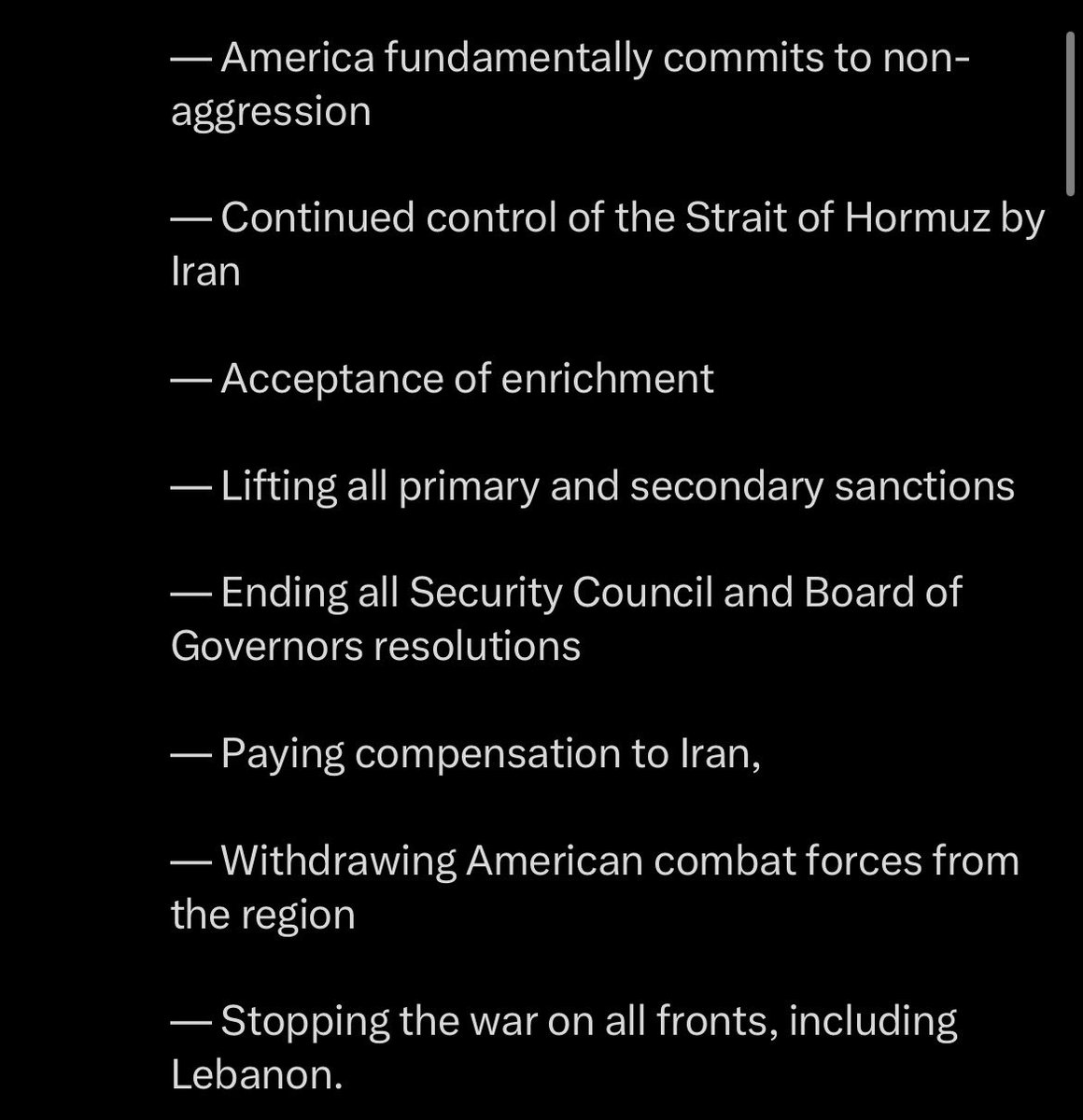 JennPles's tweet photo. @DarioEpstein Como que sin condicionamientos, no desinforme. Trump le aceptó 10 puntos clave a IRAN a cambio de la apertura del estrecho. 

Sabe ingles o se lo traduzco? 🤨 https://t.co/zisCinA6Lt
