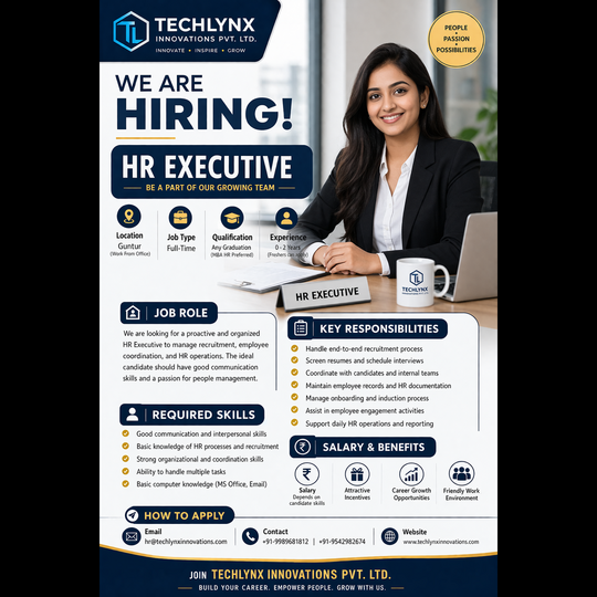 TechlynxLimited's tweet photo. 🌟 Join Techlynx: HR Executive Role Open Now
#Hiring #HRJobs #HRExecutive #HumanResources
#Recruitment #TalentAcquisition #FreshersJobs
#GunturJobs #AndhraJobs #ApplyNow
#TechlynxInnovations #JobAlert #Hiring #HRJobs #HRExecutive #Recruitment
#FreshersJobs #GunturJobs #ApplyNow https://t.co/LSbfeShnrh