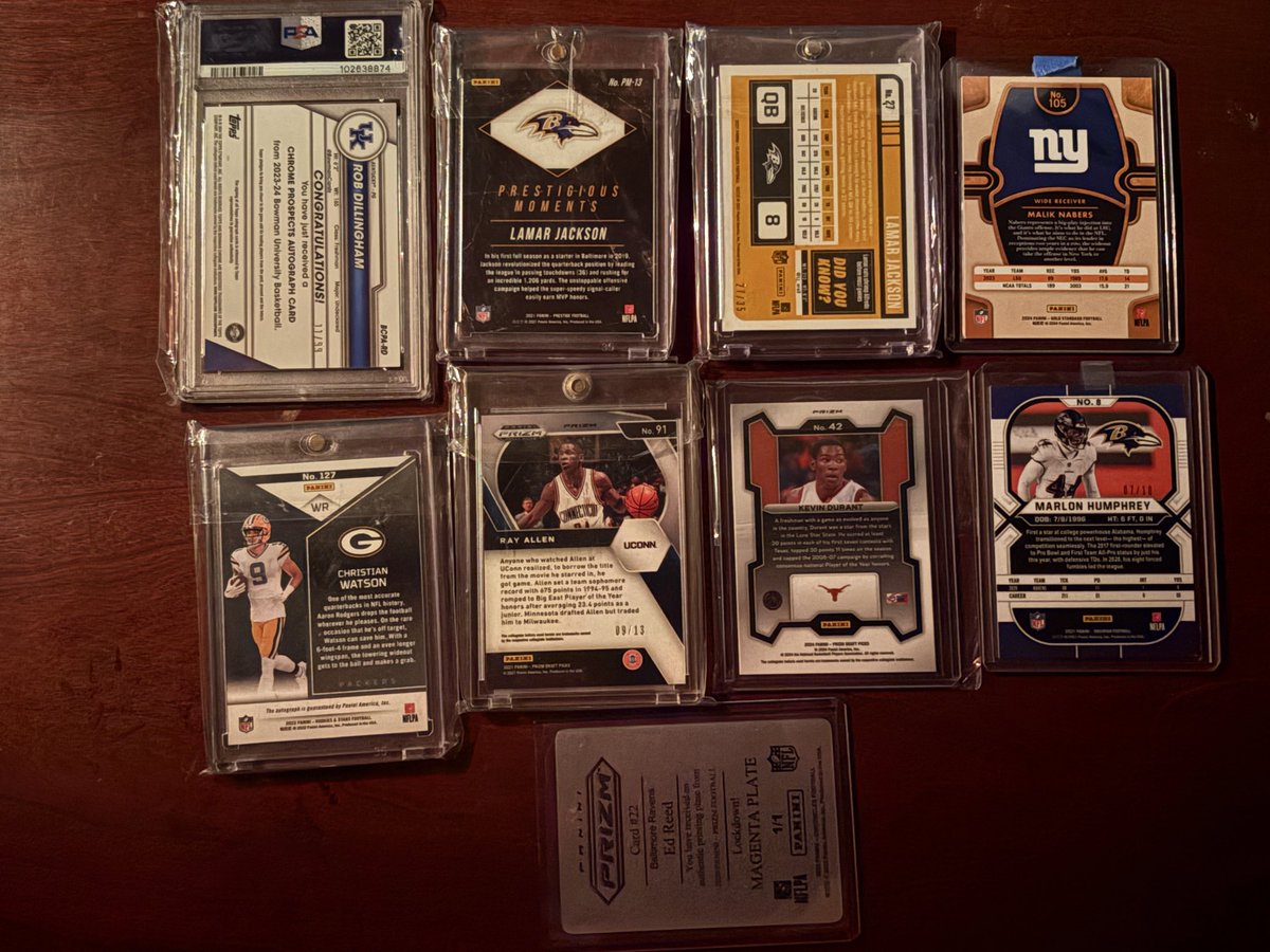 MoneyLenny1's tweet photo. Getting out the hobby, trying to sell what I have left. Best offers. Can send more pics. 
Rob /99
Lamar case hit
Lamar purple color match /35
Malik rookie /40
Watson rookie /149
Ray Allen /13
KD case hit 
Marlon /10
Ed reed printing plate 1/1 https://t.co/jKmd2NSPkI