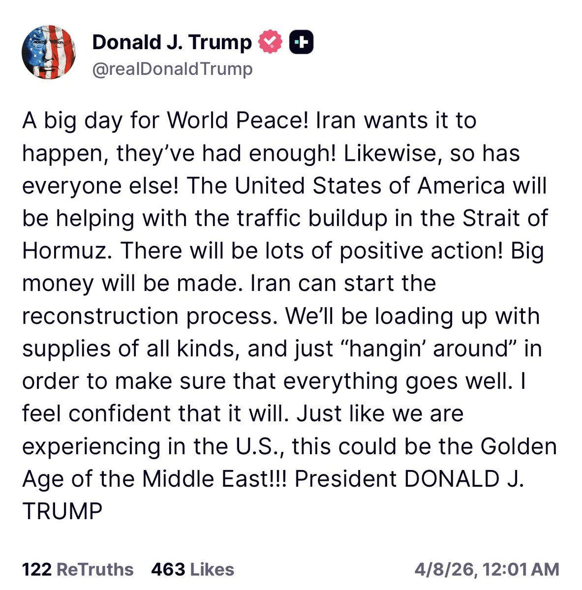 KellieMeyerNews's tweet image. President Trump posts at12:01 am et that it is a “big day for World Peace!” as we watch to see if Iran opens the Strait of Hormuz and the ceasefire holds.