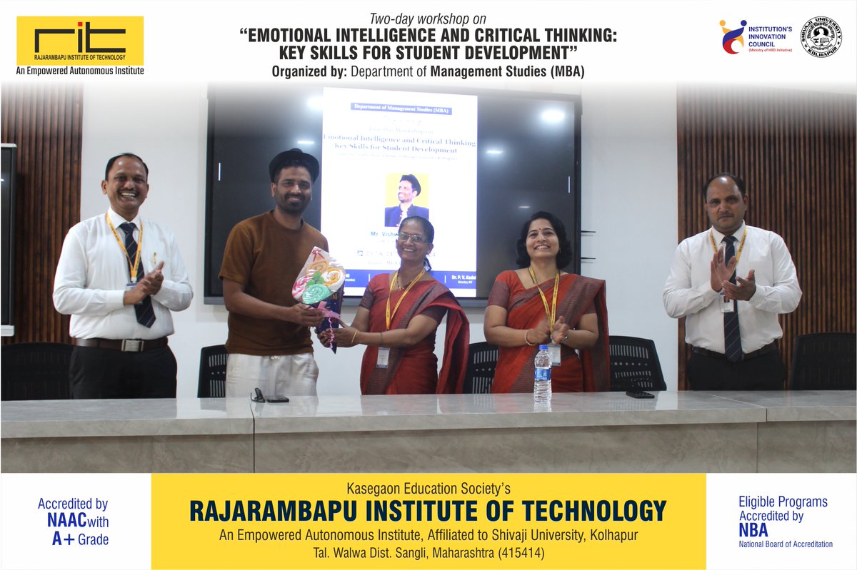 ritindia1983's tweet image. 🌟 Two-Day Workshop on Emotional Intelligence &amp;amp; Critical Thinking

MBA Dept. organized an insightful workshop under Shivaji University’s Lead College Scheme.
🎤 Mr. Vishwajeet Kashid (IIM, TEDx Speaker)

#EmotionalIntelligence #CriticalThinking #MBA #StudentDevelopment