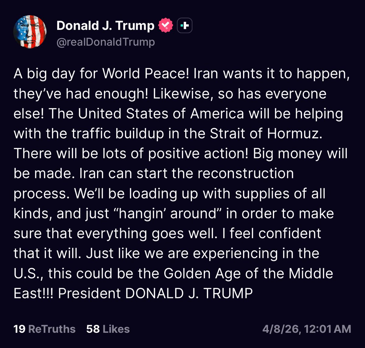 Bubblebathgirl's tweet image. President Trump celebrates “A big day for World Peace!” and believes that “just like we are experiencing in the U.S., this could be the Golden Age of the Middle East!!!”
