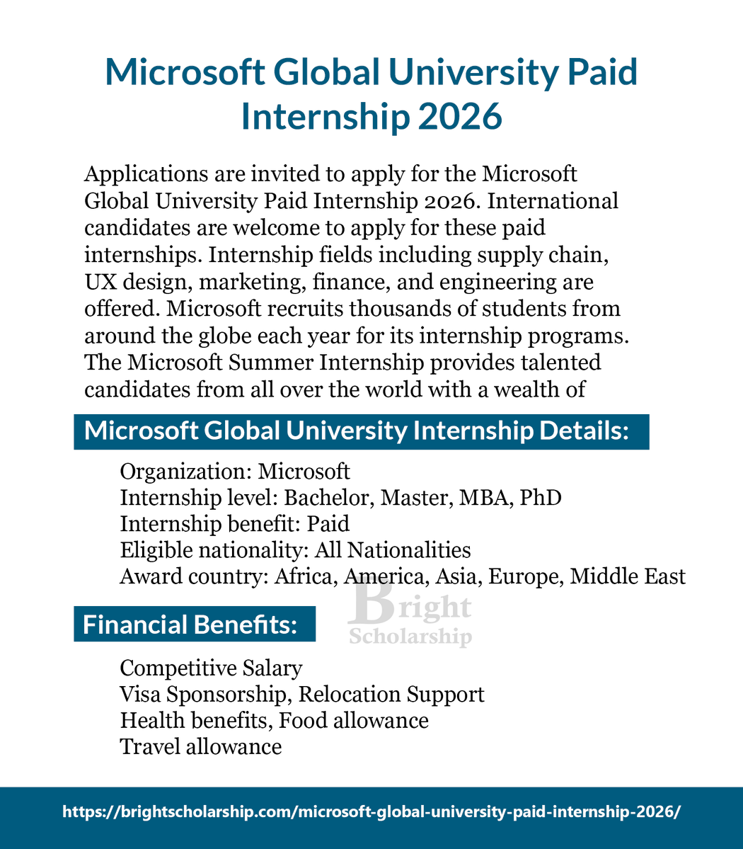 BrightSship's tweet image. Microsoft Global University Paid Internship 2026

Internship level: Bachelor, Master, MBA, PhD
Internship benefit: Paid
Award country: Africa, the Americas, Asia, Europe, the Middle East

Apply Link: brightscholarship.com/microsoft-glob…

#BrightScholarship #FullyFunded #Internship